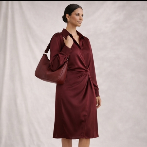 Astr The Label | Satin Wrap Shirt Dress Burgundy NWT - Picture 11 of 11